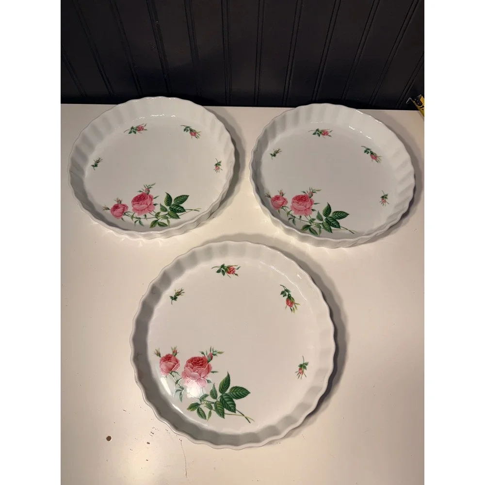 Set of 3 Christineholm Rose Floral Porcelain Quiche Tart Pans 9.5 Inch Fluted
